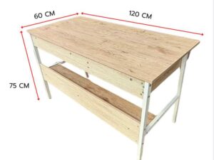 Multipurpose desk, wood grain finish, white legs.