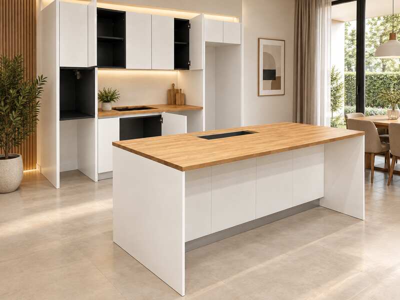 White built-in unit with wooden countertop, overhead cabinets, and refrigerator alcove (1)