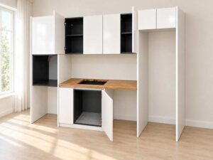 White built-in unit with wooden countertop, overhead cabinets, and refrigerator alcove (1)