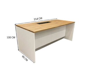 White built-in unit with wooden countertop, overhead cabinets, and refrigerator alcove (1)