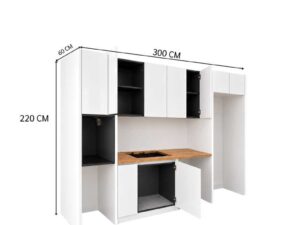 White built-in unit with wooden countertop, overhead cabinets, and refrigerator alcove (1)