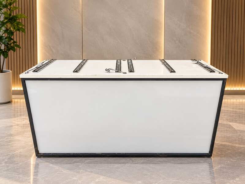 Counter cabinet, white with black trim, featuring shelving and two storage compartments. (4)