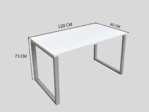 Minimalist office desk with steel legs and white top