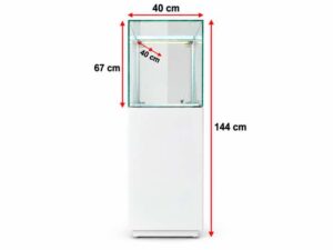 Tall white glass display cabinet with one door and two storage compartments.