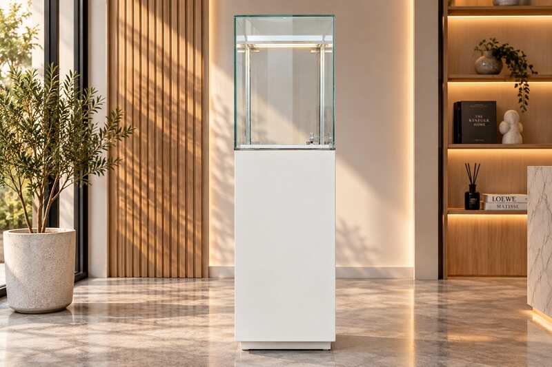 Tall white glass display cabinet with one door and two storage compartments.